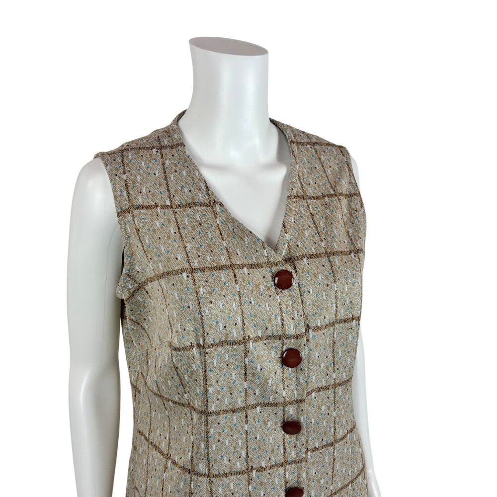 Vintage 70s Long Vest Women's Large Beige Polyester Blue Spotted Button Down Top - Picture 4 of 10
